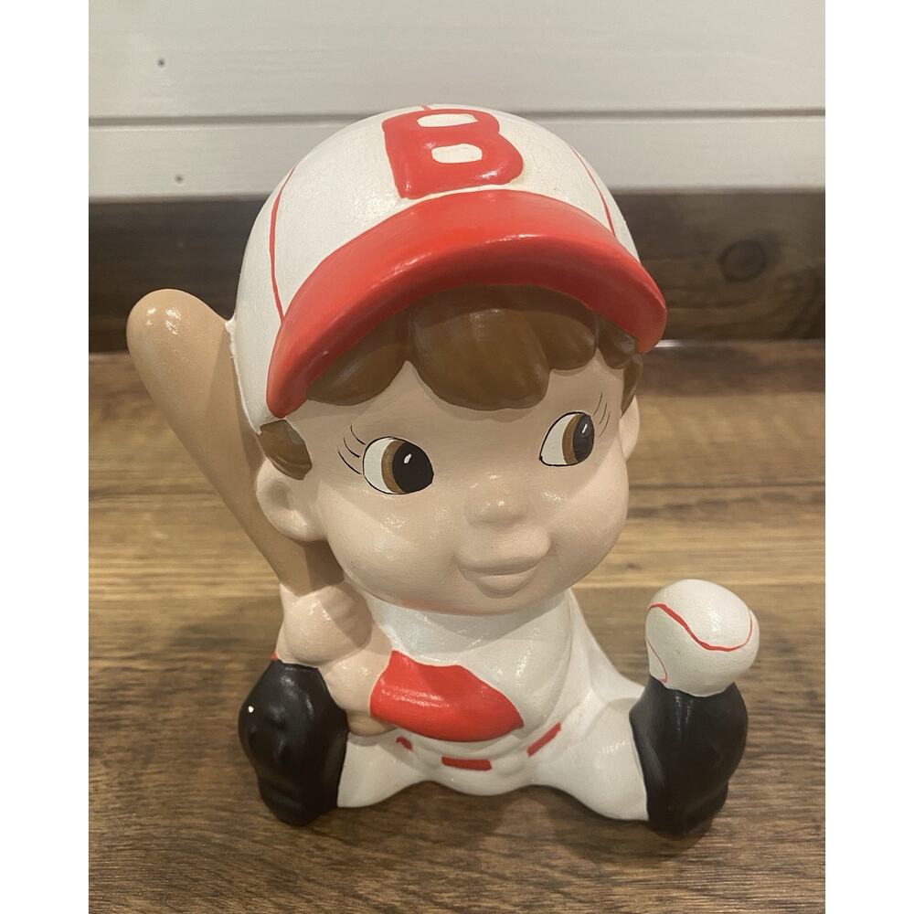 Vintage Handpainted Ceramic Boy with Baseball and Bat Red/White Sports Bedroom